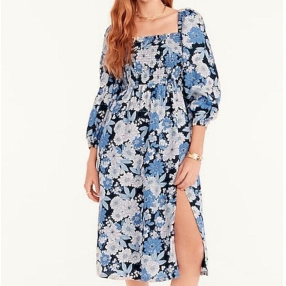 J Crew Linen Daydream Dress in Blue Zinnia Floral Print Women XS Knee Length